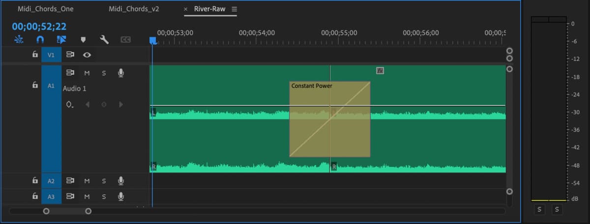 Premiere Pro timeline showing constant power crossfade